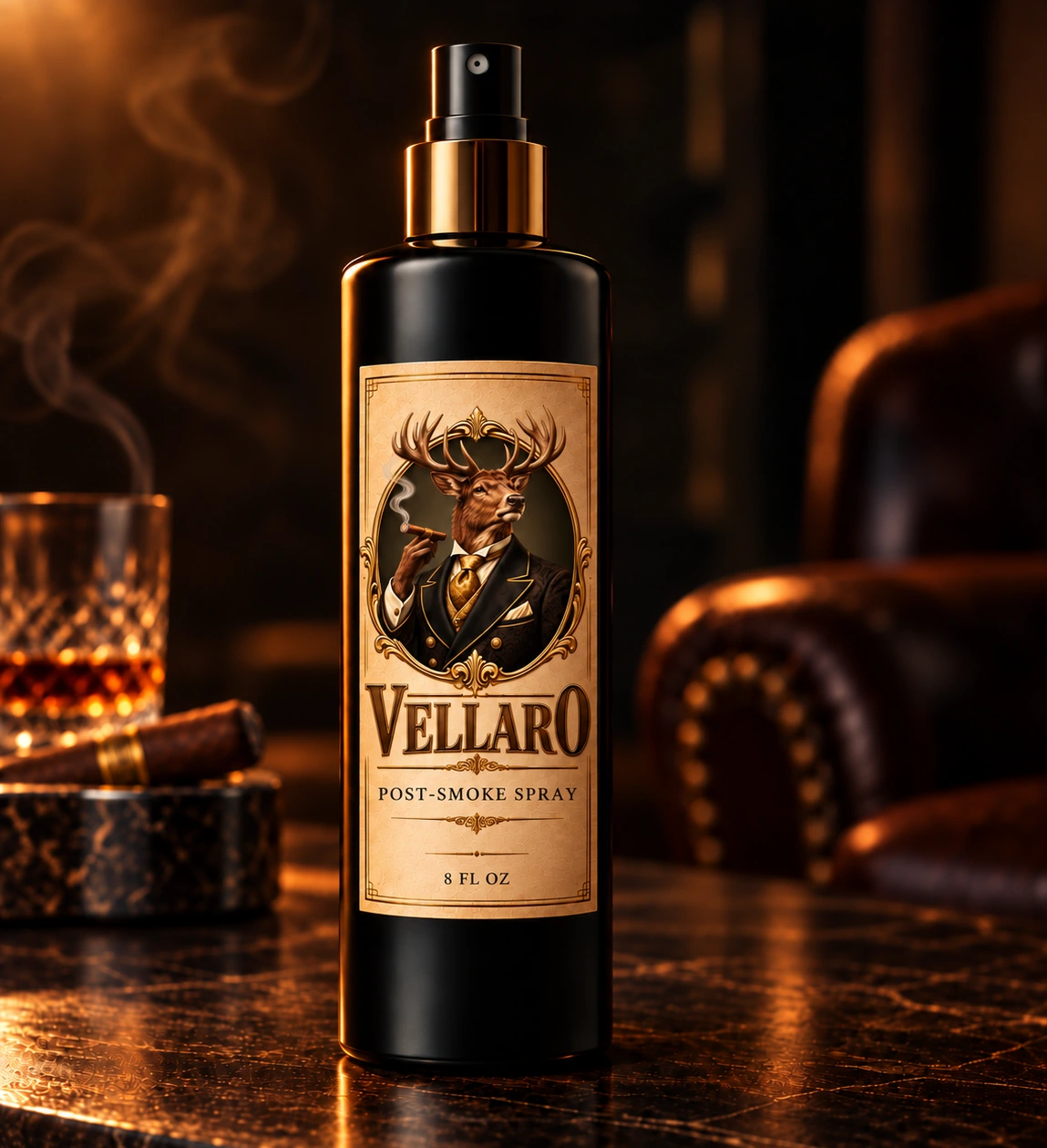 VELLARO Post-Smoke Spray bottle on a marble table in a cigar lounge, beside a cigar and a glass of whiskey.