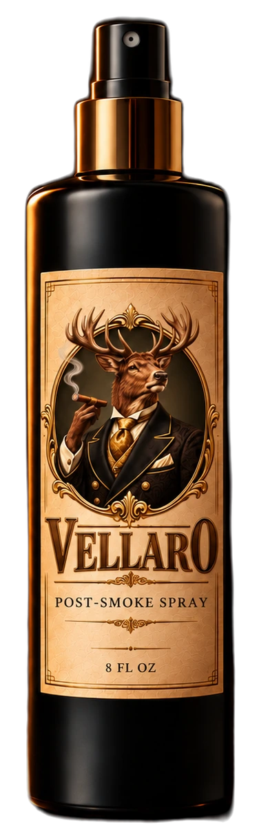 VELLARO Post-Smoke Spray bottle: matte black with a gold collar and a parchment label showing the VELLARO elk emblem.