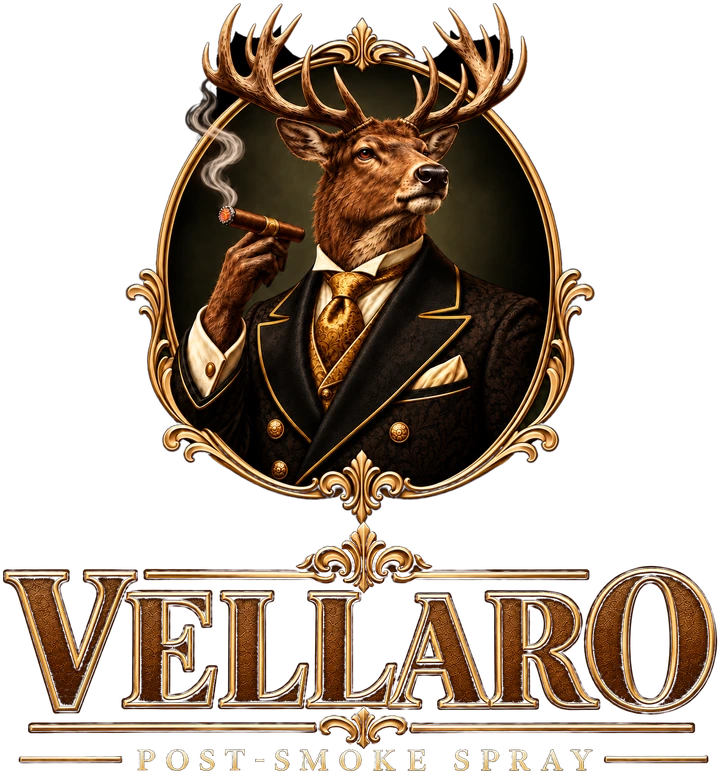VELLARO logo: an elk in a black and gold suit holding a lit cigar inside an ornate gold frame, above the VELLARO wordmark and the words Post-Smoke Spray.