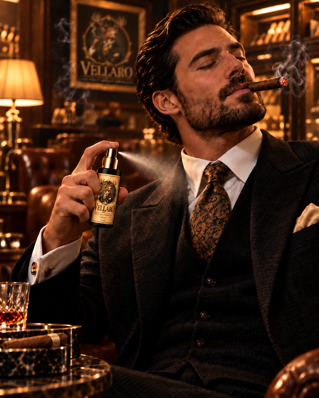 A man in a dark three-piece suit in a cigar lounge with a cigar, spraying VELLARO Post-Smoke Spray onto his jacket.