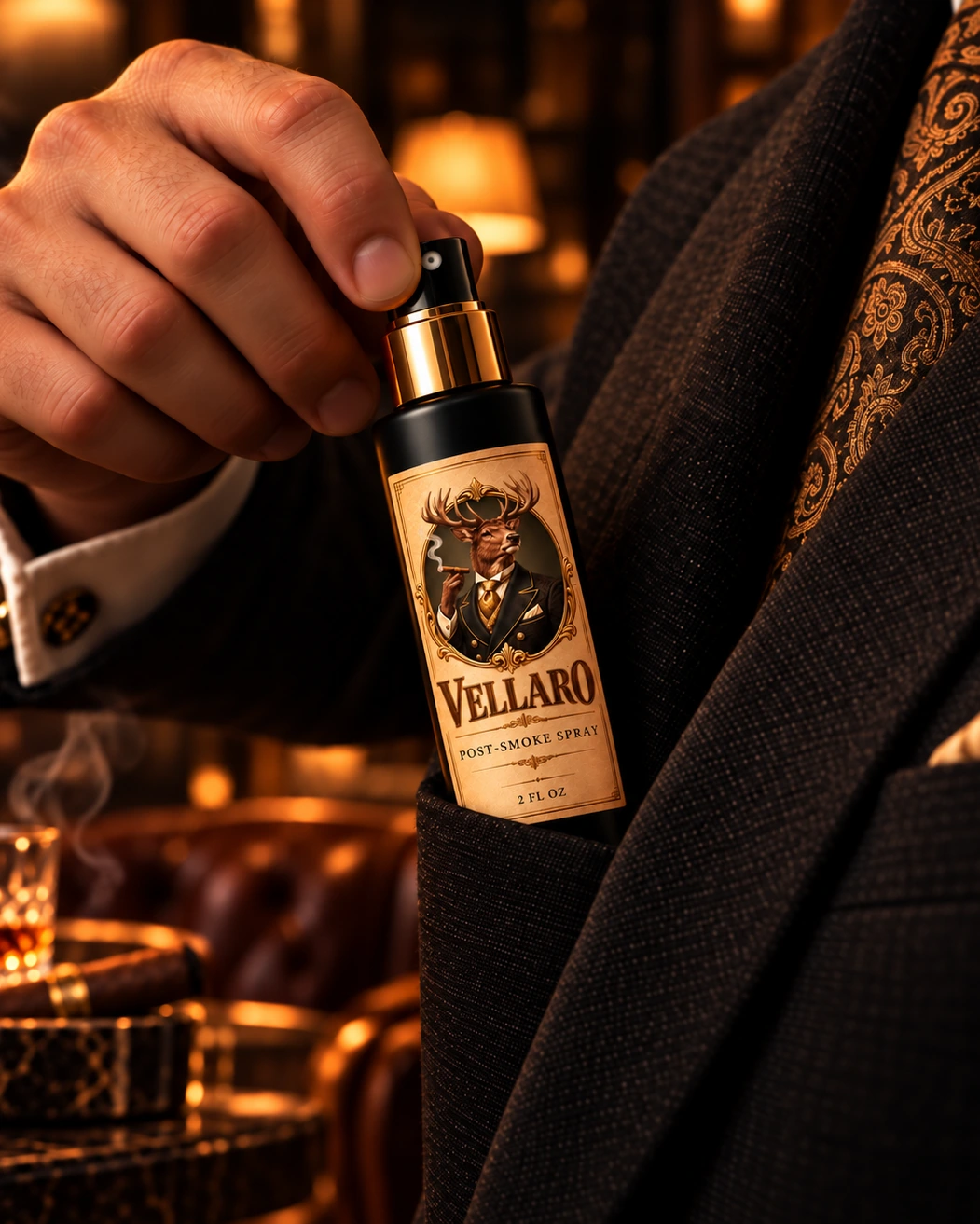VELLARO pocket-size Post-Smoke Spray: a hand lifting a 2 FL OZ bottle out of a suit jacket pocket.