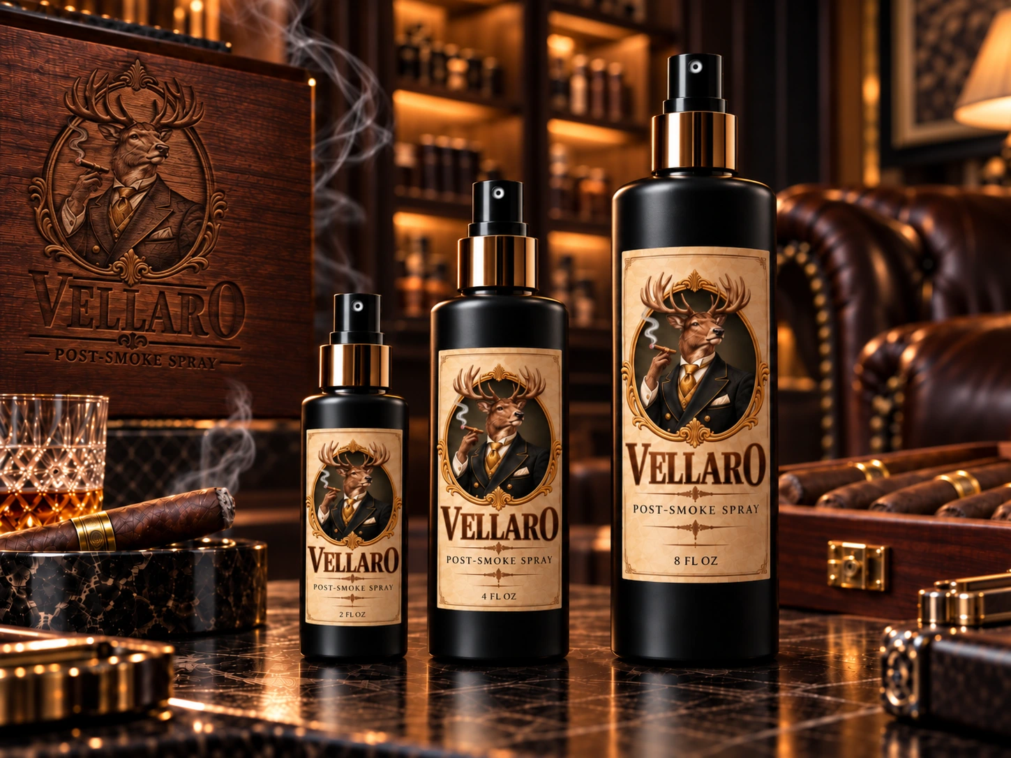 VELLARO 2 FL OZ, 4 FL OZ, and 8 FL OZ concept bottles on a table in a cigar lounge.